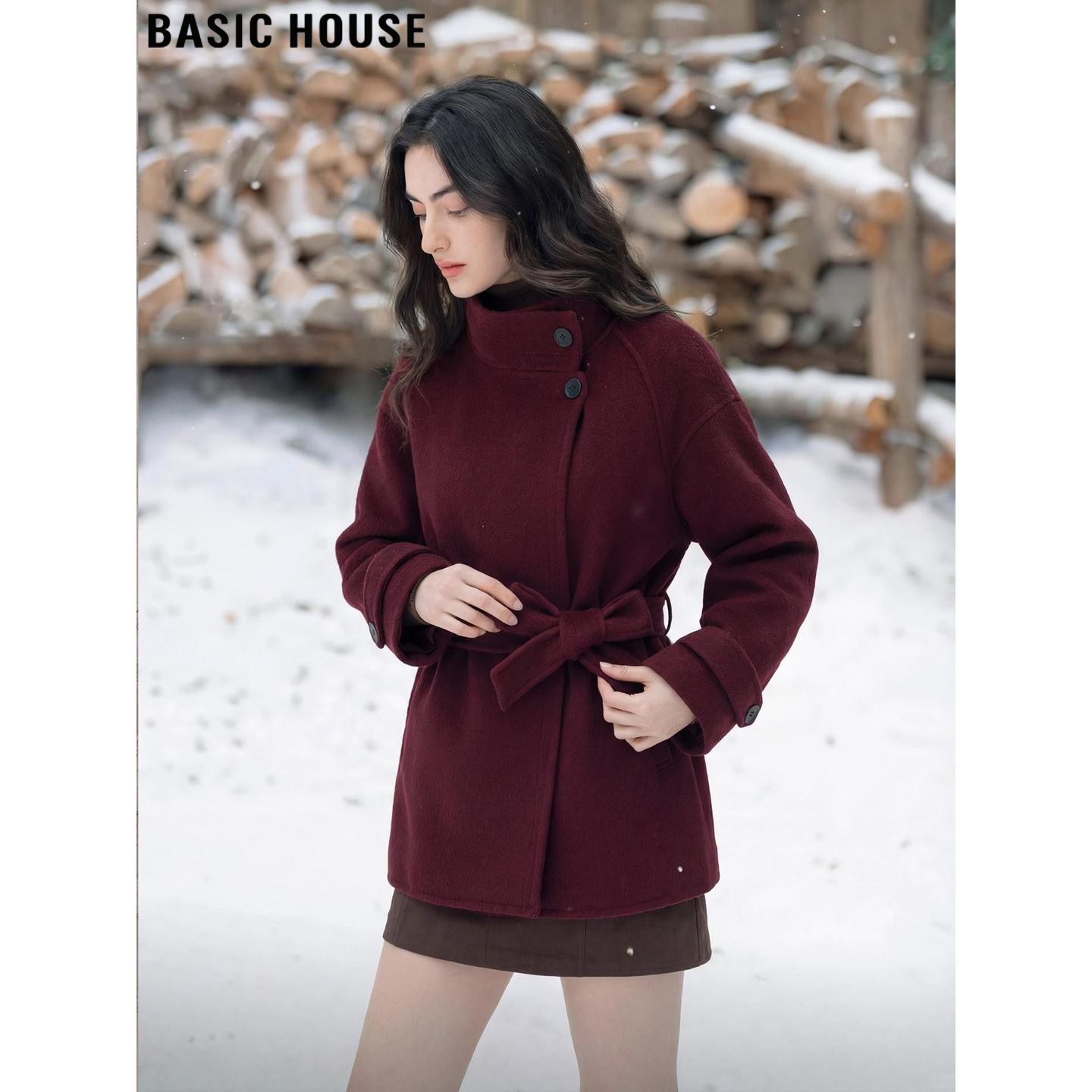 Basic House/百家好红色羊毛呢子大衣女士冬季加厚中长款毛呢外套