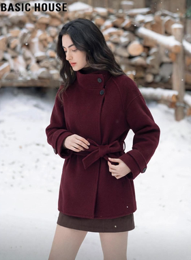 Basic House/百家好红色羊毛呢子大衣女士冬季加厚中长款毛呢外套