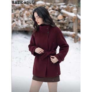 Basic House/百家好红色羊毛呢子大衣女士冬季加厚中长款毛呢外套
