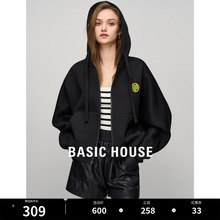 Basic House/百家好拉链开衫连帽卫衣女2024春季新款绣花宽松上衣