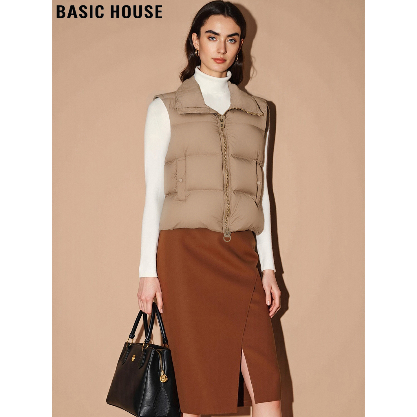 百家好90鸭绒卡其色羽绒马甲保暖