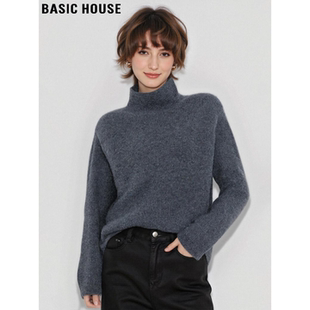 Basic House/百家好100%羊毛深灰色高领毛衣女冬季加厚针织打底衫