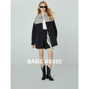 百家好拼接粗花呢衬衫 夹克上衣春季 House Basic 牛仔外套女