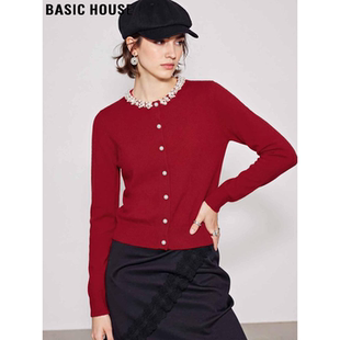 Basic House/百家好新年红针织衫女2026春季新款钉珠圆领长袖上衣
