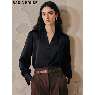 黑色V领长袖 百家好法式 衬衫 女2026春季 缎面衬衣 Basic 新款 House