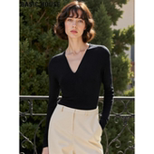 内搭修身 Basic 上衣 打底衫 女春季 House 百家好高级感黑色V领长袖