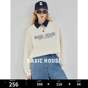 Basic House/百家好polo领卫衣女春季新款学院风米白色上衣