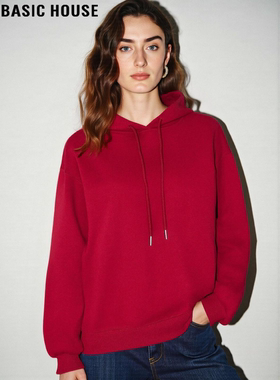 Basic House/百家好新年红连帽卫衣女冬季简约内搭上衣套头打底衫