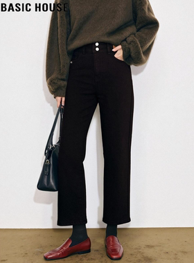 Basic House/百家好黑色九分牛仔裤女冬小个子高腰加绒加厚直筒裤