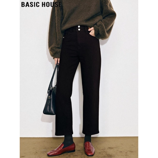 Basic House/百家好黑色九分牛仔裤女冬小个子高腰加绒加厚直筒裤