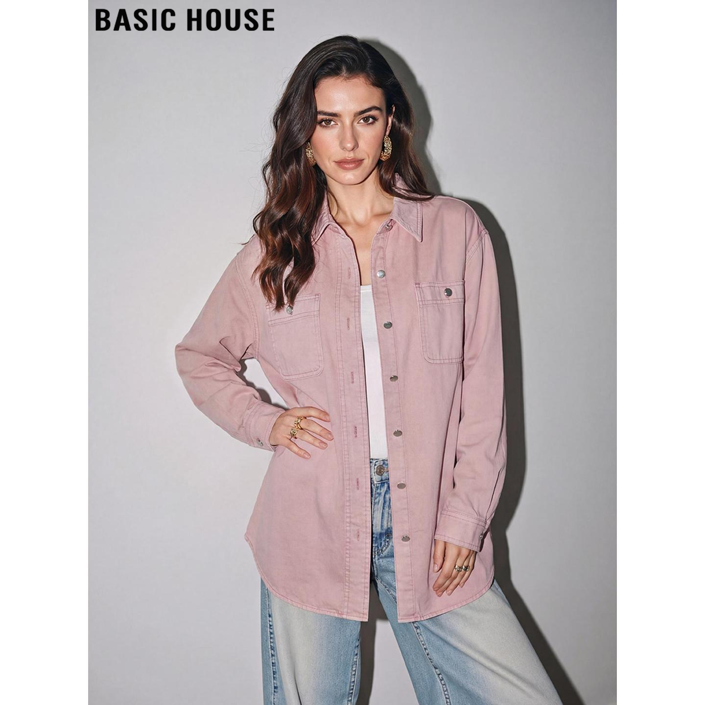 Basic House/百家好粉色纯棉工装衬衫女2026春季新款宽松长袖外套,女装/女士精品,衬衫,淘宝优惠券,粉丝福利购,淘宝优惠卷