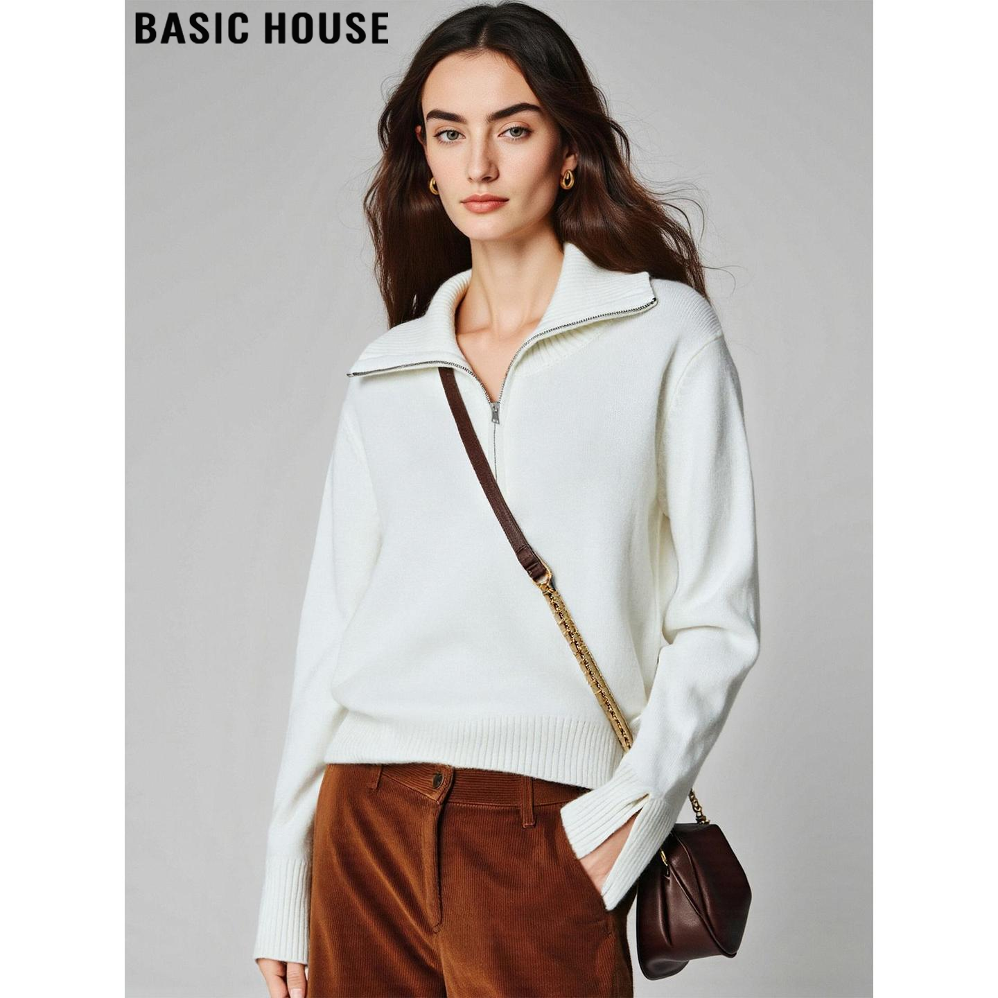 白色拉链半开领针织衫加厚毛衣女