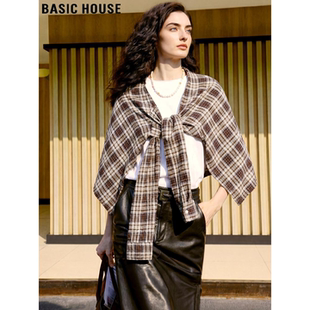 Basic House/百家好磨毛亚麻格子衬衫女2026春季新款复古外搭衬衣