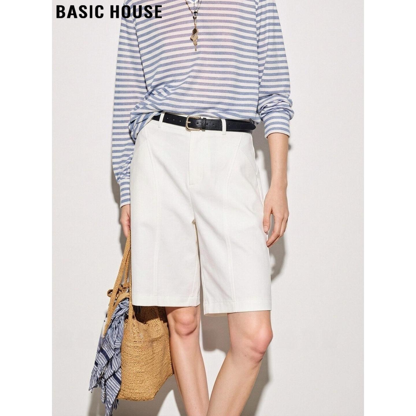 Basic House/百家好白色直筒西装短裤女夏季外穿高腰休闲阔腿裤子
