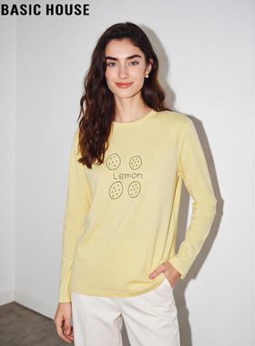 Basic House/百家好黄色印花圆领长袖T恤女士春季宽松纯棉打底衫