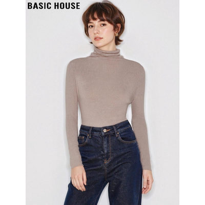 百家好杏色高领羊毛针织打底衫女