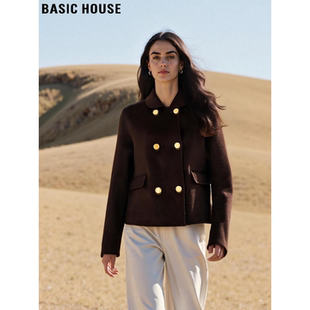 Basic House/百家好棕色翻领羊毛呢外套女冬季小个子修身短款上衣