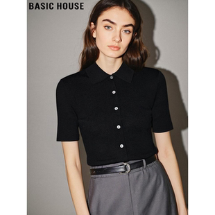 针织衫 百家好复古黑色polo领短袖 女夏季 冰丝半袖 Basic 开衫 House