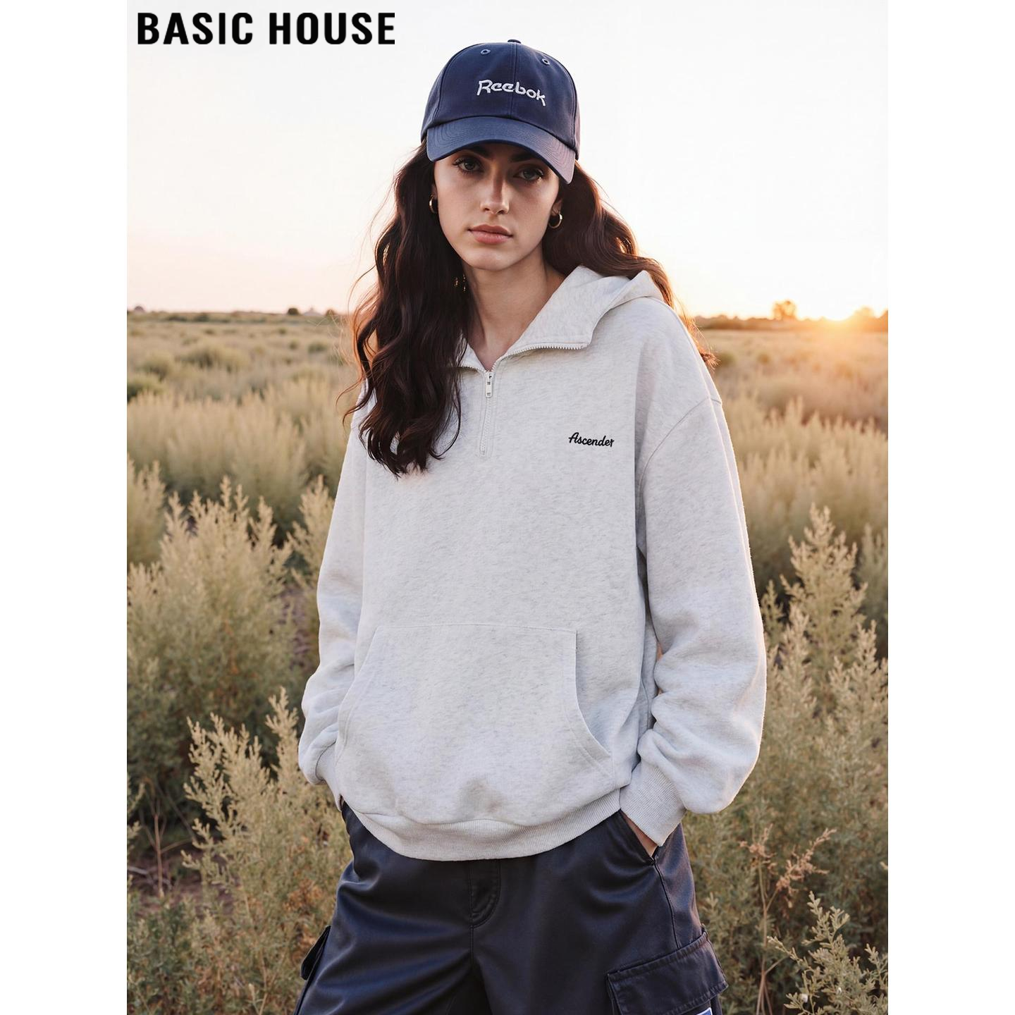 Basic House/百家好灰色半拉链连帽卫衣女2026春季新款慵懒风上衣