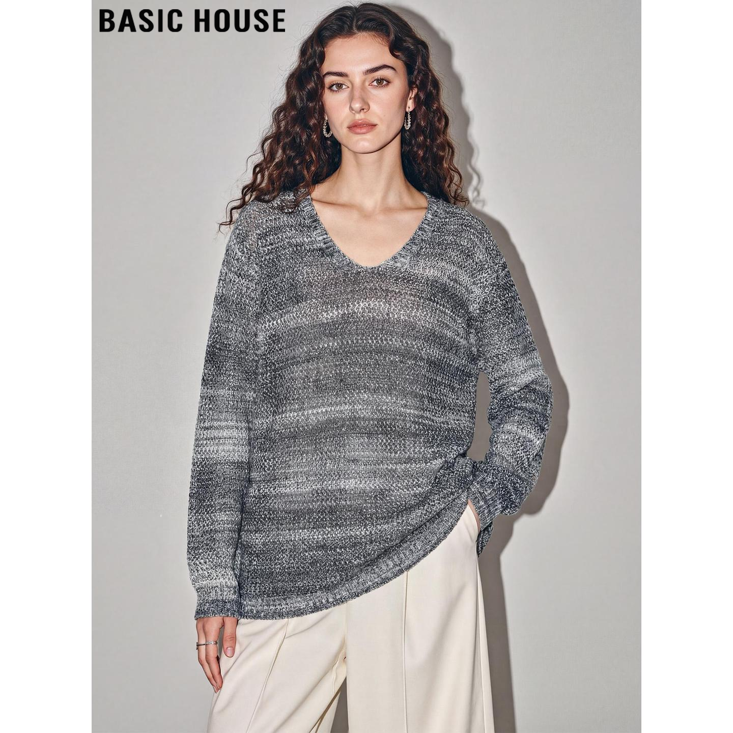 Basic House/百家好宽松慵懒风V领毛衣女2026春季新款花纱针织衫,女装/女士精品,毛针织衫,淘宝优惠券,粉丝福利购,淘宝优惠卷