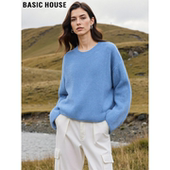 Basic 软糯圆领毛衣 女士2026春季 House 百家好蓝色细闪羊毛针织衫