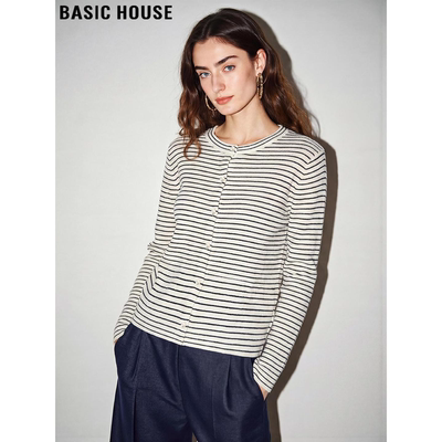 百家好条纹天丝圆领针织开衫女