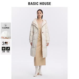 Basic House/百家好羽绒服冬季女长款2022年冬季新款连帽厚外套