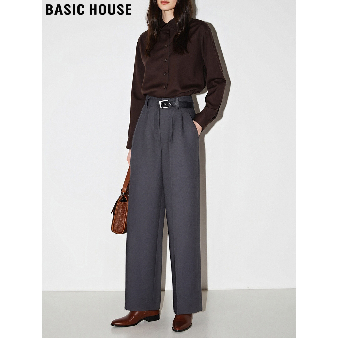 Basic House/百家好老钱风灰色阔腿西装裤女2025冬季新款直筒长裤