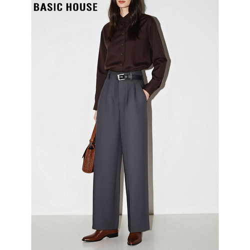 百家好老钱风灰色阔腿西装裤女