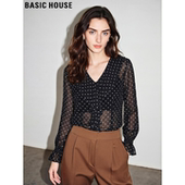 House 百家好微透波点雪纺衫 女2026春季 Basic 新款 V领荷叶边衬衣