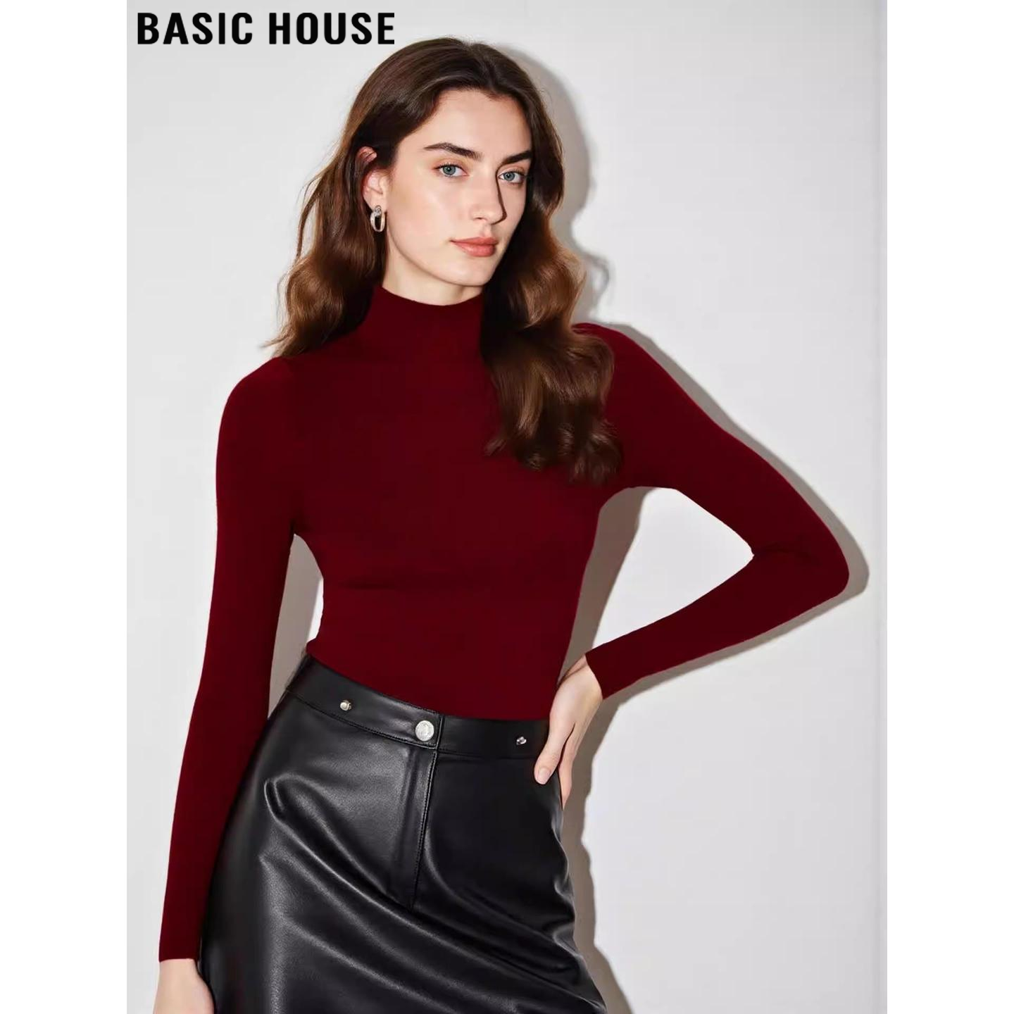 Basic House/百家好红色半高领修身针织衫女冬季软糯长袖打底毛衣