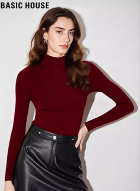 Basic House/百家好红色半高领针织衫女冬季修身软糯长袖打底毛衣