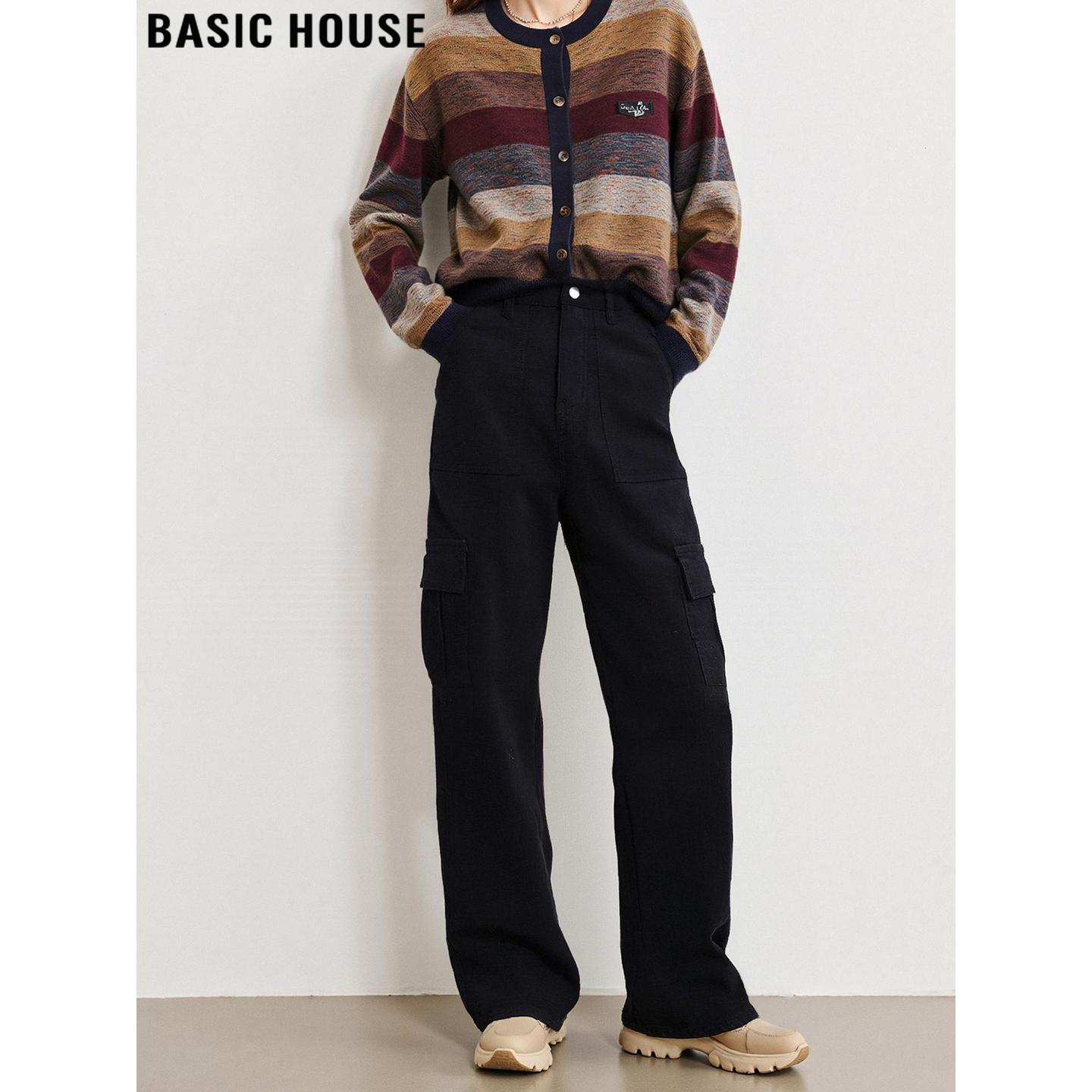 Basic House/百家好加绒加厚黑色阔腿工装裤女冬高个子加长直筒裤