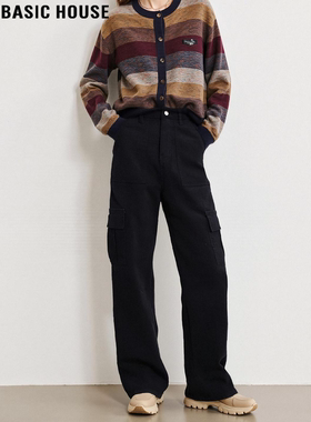Basic House/百家好加绒加厚黑色阔腿工装裤女冬高个子加长直筒裤