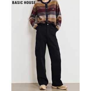 Basic House/百家好加绒加厚黑色阔腿工装裤女冬高个子加长直筒裤