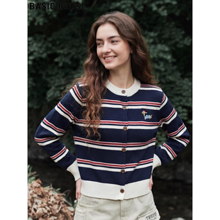 House 拼色长袖 百家好条纹圆领针织衫 新款 上衣 女士2026春季 Basic
