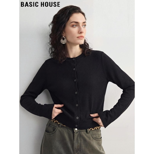 Basic House/百家好法式黑色天丝针织开衫女2026春季新款短款上衣