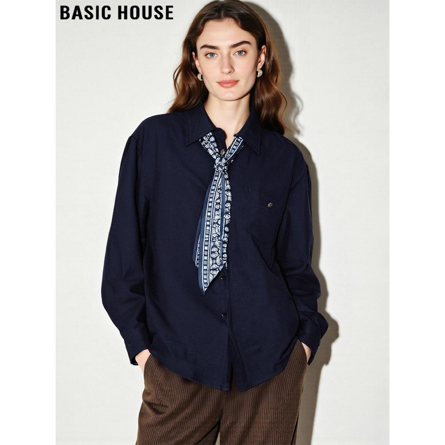 Basic House/百家好设计感配领巾衬衫女2026春季新款叠穿长袖衬衣