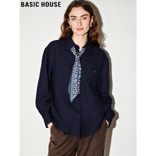 Basic House/百家好设计感配领巾衬衫女2026春季新款叠穿长袖衬衣