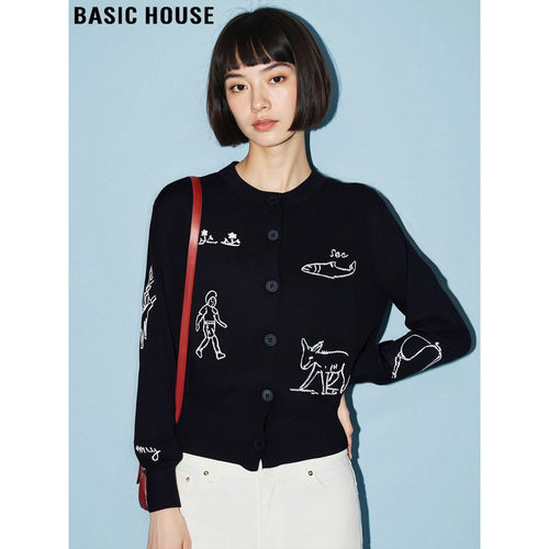 百家好时尚动物绣花软糯针织开衫