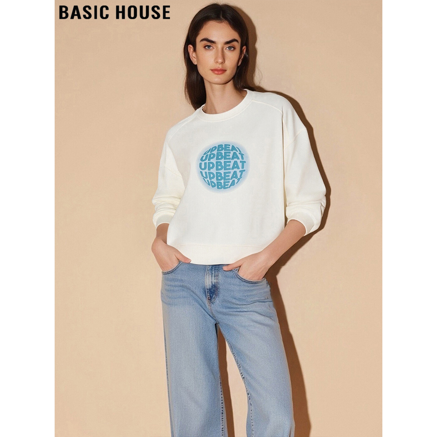 百家好米白色圆领卫衣女慵懒风