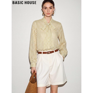 新款 Basic 女2026春季 百家好绿色波纹系带雪纺衬衫 条纹衬衣 House