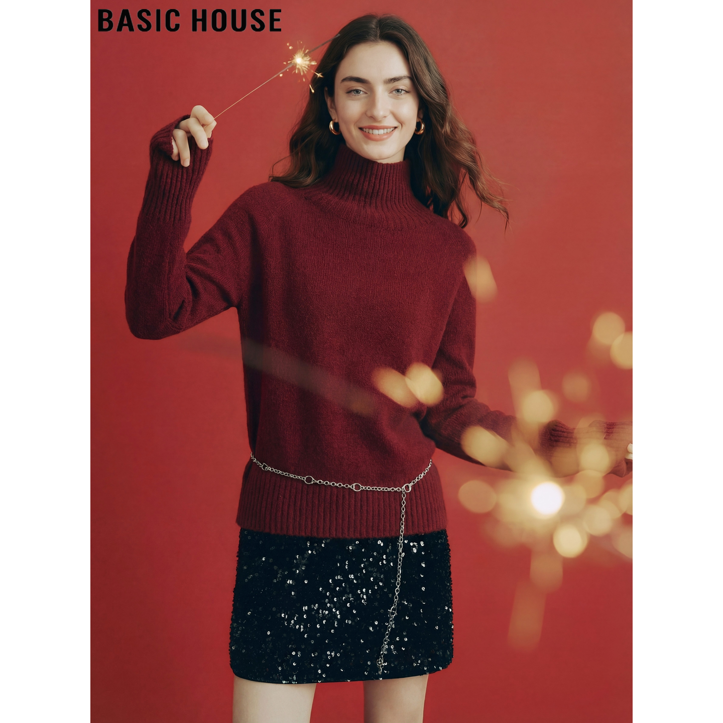 Basic House/百家好新年红高领羊毛针织衫女春季宽松软糯内搭上衣