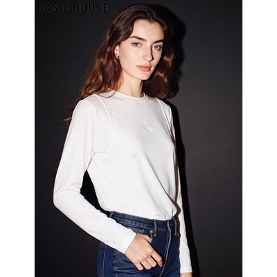 百家好白色玫瑰压花纯棉长袖T恤