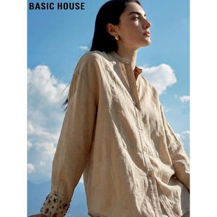 Basic House/百家好设计感钉珠立领衬衫女2026春季新款亚麻薄衬衣
