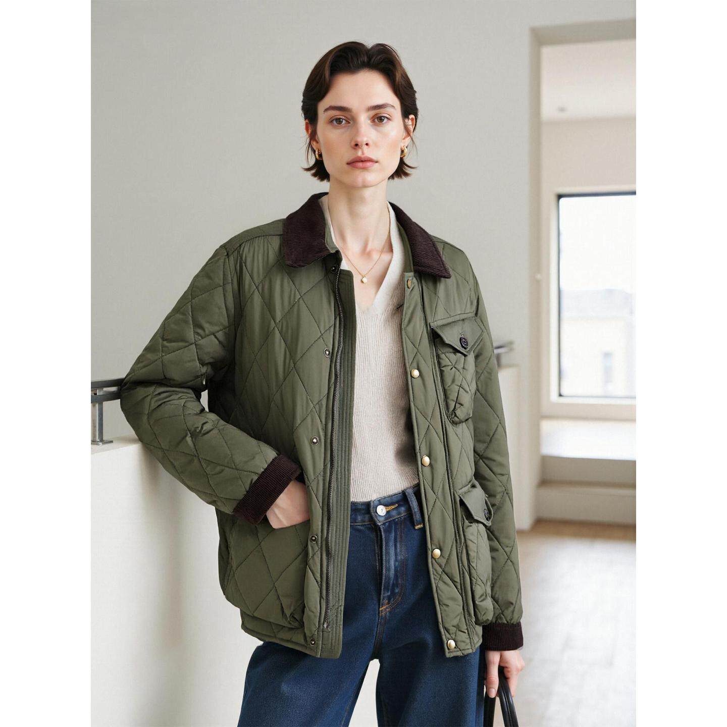 百家好复古军绿色菱格棉服外套女