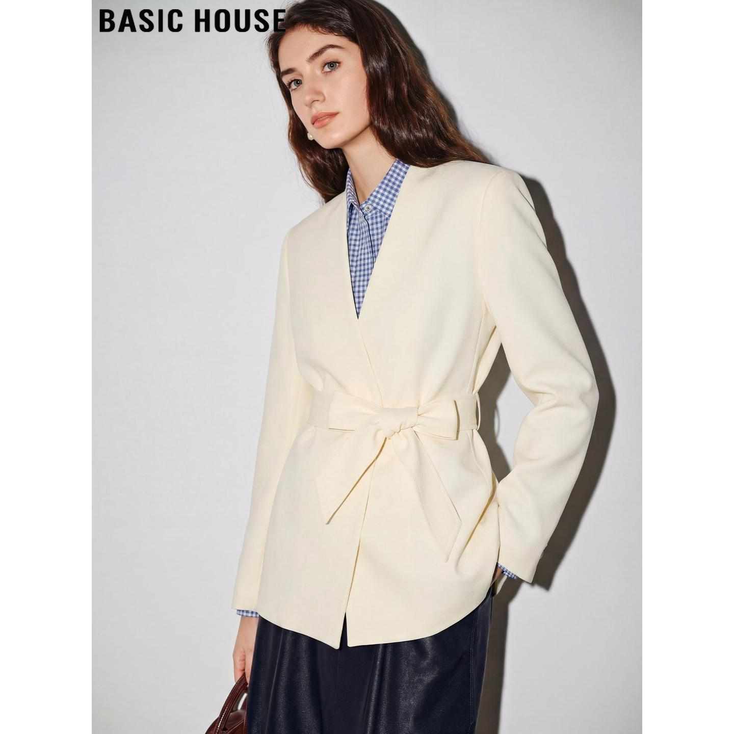 Basic House/百家好高级感系带西装外套女2026春季新款V领小西服