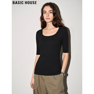 House 针织衫 百家好黑色方领冰丝五分袖 气质半袖 T恤女夏季 Basic