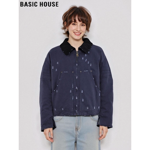 Basic House/百家好撞色翻领90鸭绒羽绒服女冬季宽松加厚工装外套