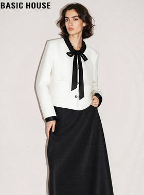 Basic House/百家好蝴蝶结领白色外套女士2026春季新款短款小西装